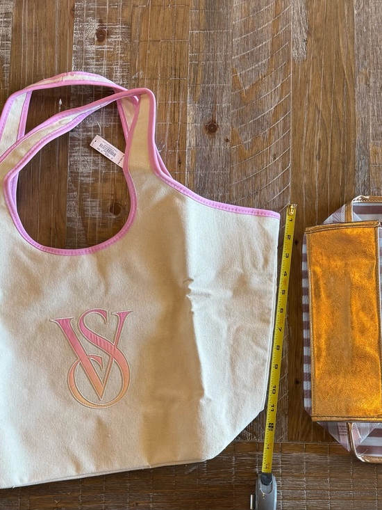 Victoria's Secret Handbags - Victoria's Secret Cream Tote with Pink Trim and Bonus Cosmetic Bag!